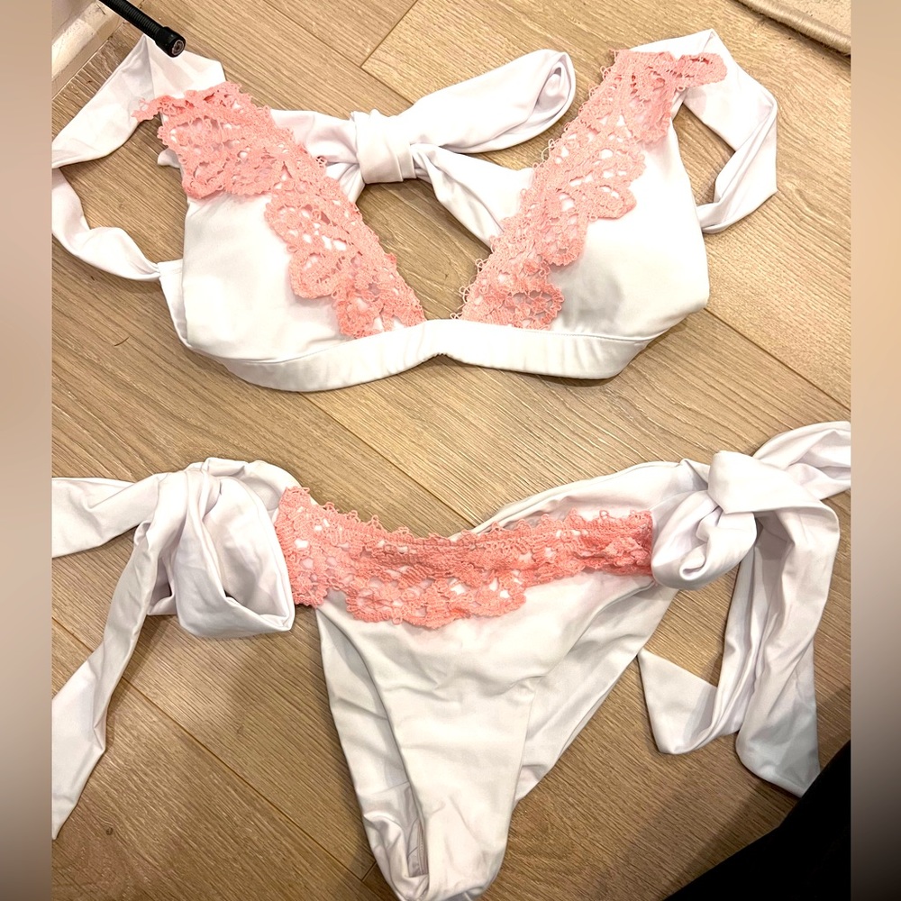 White and Pink Lace Bikini Set